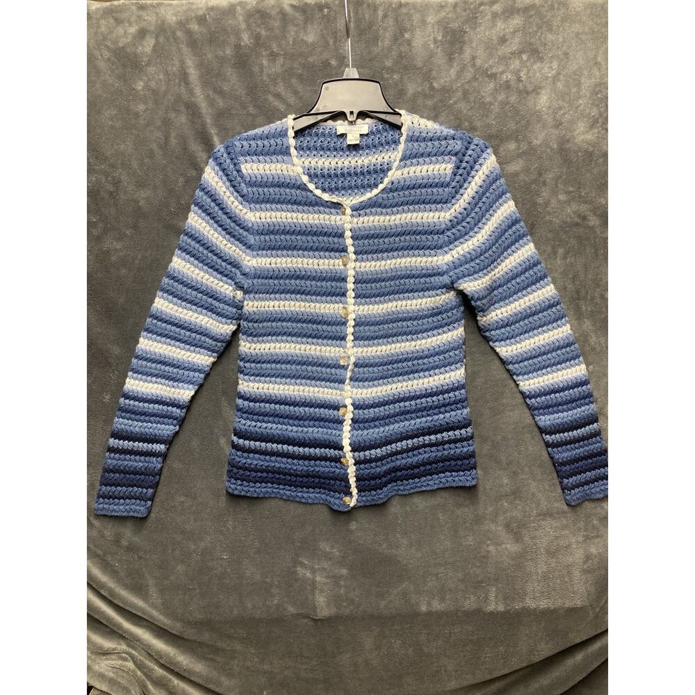 VTG C&B Crochet Y2K Cardigan Sz S Blue White Striped Cottagecore Boho Coastal